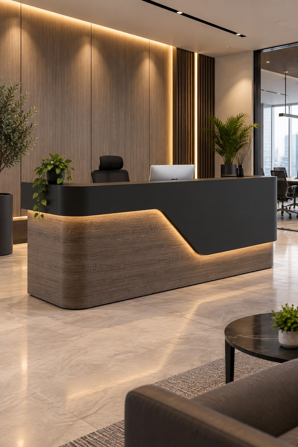 Modern Office Entrance featuring Solid Surface Curved Reception Counter #2